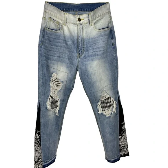 LOYAL MUSE Upcycled Distressed Women’s Jeans Sz 6 embroidered panels add flair